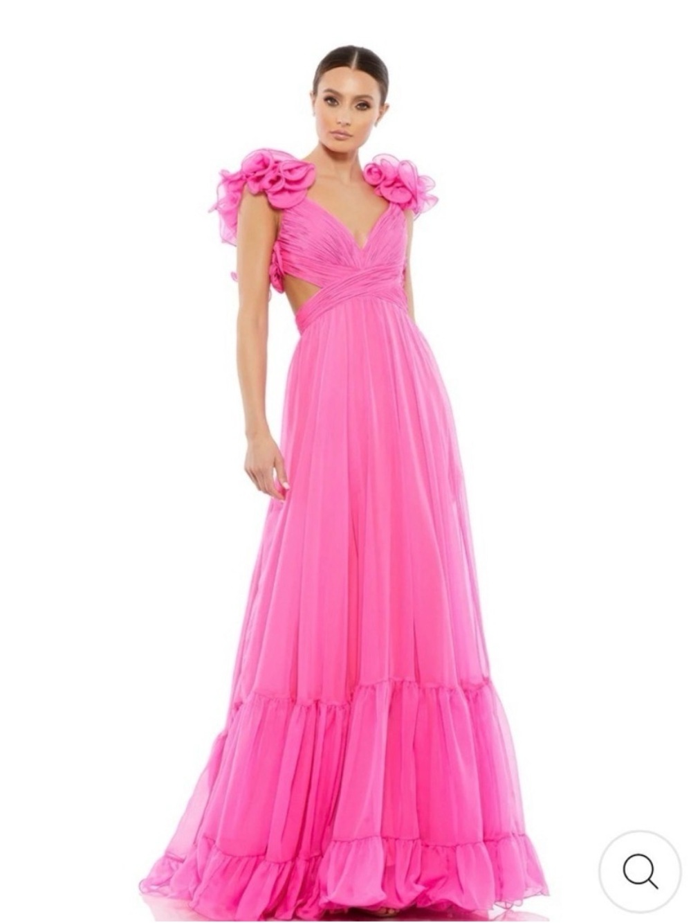 Elegant Pink Ruffle-Shoulder Evening Gown